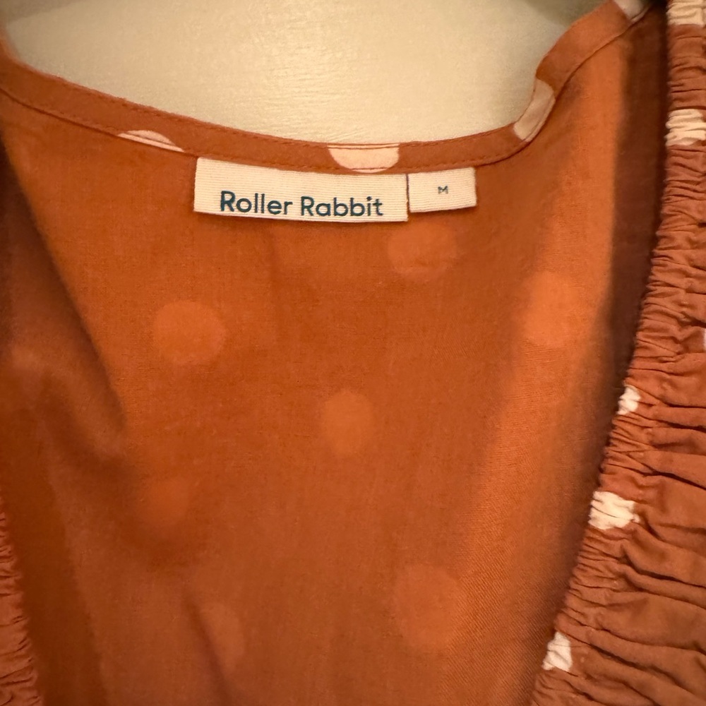 Roller Rabbit Dress, ruffles, brown, size medium, midi, white polka dots, NEW - Picture 4 of 5